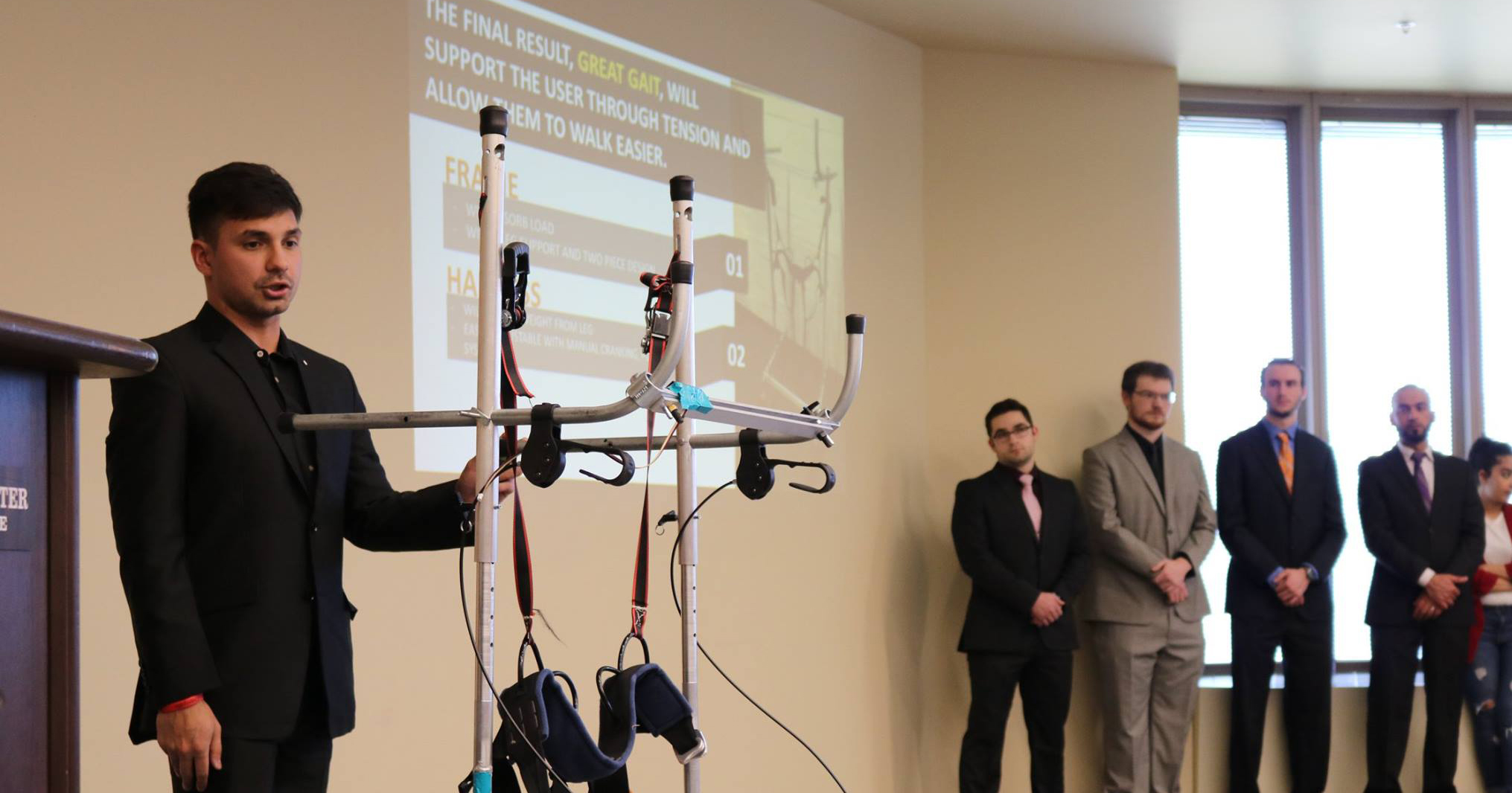 Conventional walkers offer stability to users, but a new walker design offers stability plus a harness and support system for users that struggle to stand upright without assistance. The harness design provides support with minimal aesthetic impact.