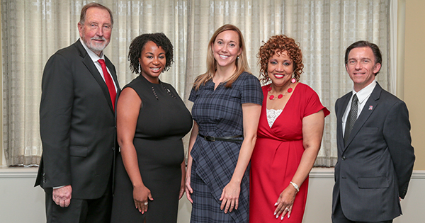 From left, honorees Gary T. MacLean '65, Avery Autrey '11, Caitie Goddard '06 and Hardy-Foster with Dean of the College of Business Administration Joe Eisenhauer.