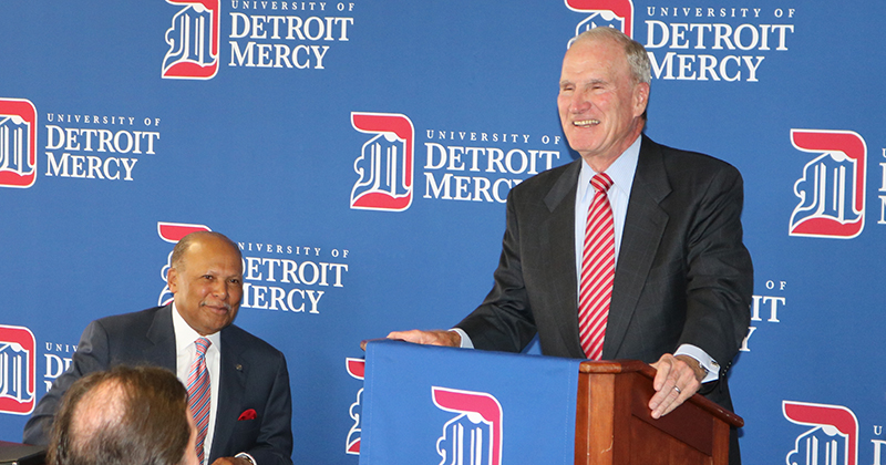 Detroit Mercy President Antoine M. Garibaldi, left, and Dick Charlton at the announcement of the Charlton Center for Responsible Investing.