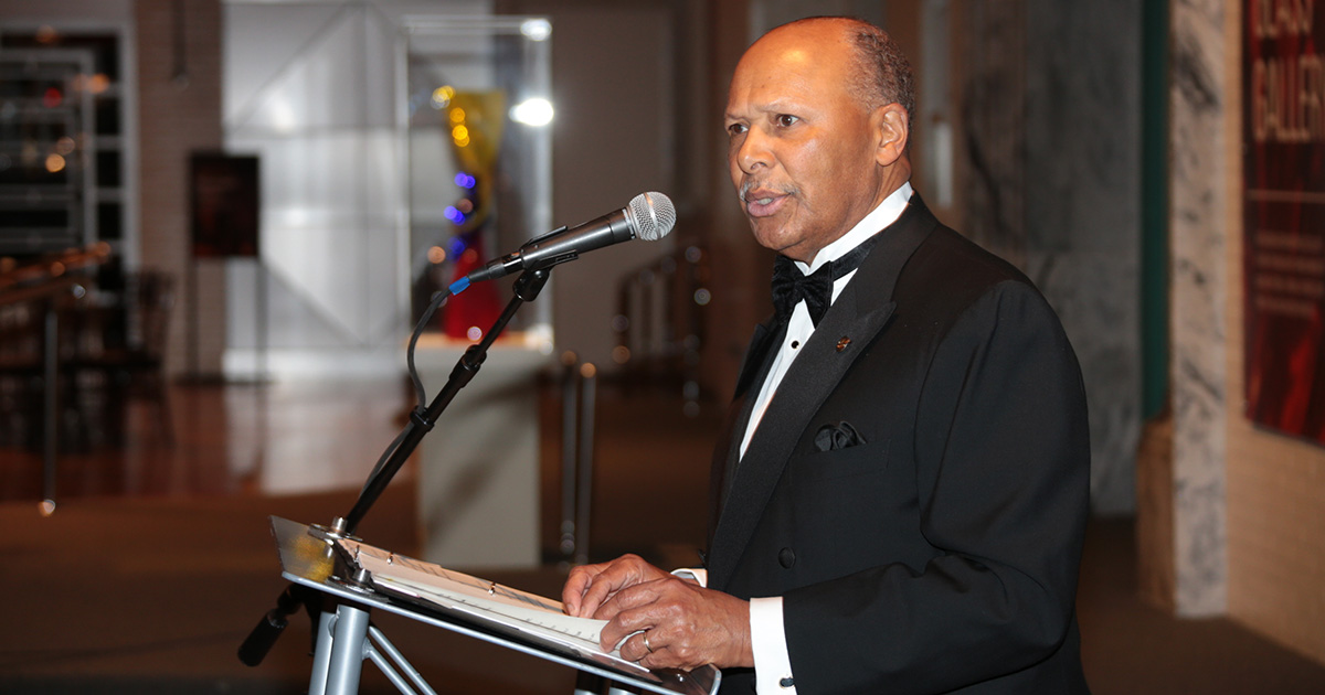 University President Antoine M. Garibaldi, Ph.D., shares good financial news with the crowd at the campaign celebration.