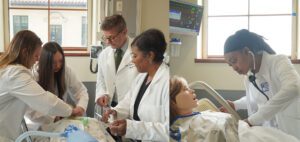 Five people wearing lab coats stand and work on a mannequin patient in classrooms of the STAR simulation center in the College of Health Professions.