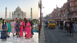 Photos of India, with students and members of Detroit Mercy's 2023 trip in the photo on the left with the Tahj Mahal in the background.