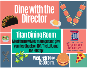 A graphic featuring cartoon food with text reading, Dine with the Director, Titan Dining Room, meet the new Metz manager and give your feedback on TDR, The Loft, and the Pitstop, Wednesday, Feb. 14 at noon. There's a University of Detroit Mercy logo also on the graphic.