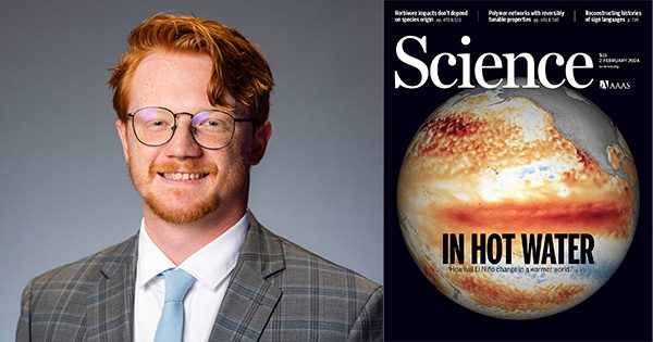 Nick Boynton's headshot is next to the cover of Science, in which his paper was published. The cover has a planet with the text "in hot water" as a headline.