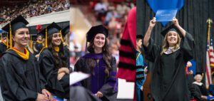 Three photos showcase various graduates during 2023 commencement ceremonies inside of Calihan Hall.