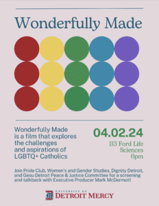 A colorful graphic featuring colorful dots and text above reading, Wonderfully Made. Additional text reads, Wonderfully Made is a film that explores the challenges and aspirations of LGBTQ+ Catholics, April 2, 2024, 113 Ford Life Sciences, 6 p.m., join Pride Club, Women's and Gender Studies, Dignity Detroit, and Gesu Detroit Peace and Justice Committee for a screening and talkback with Executive Producer Mark McDermott.