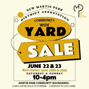 A graphic for the New Martin Park District Association, Community Wide Yard Sales, June 22 and June 23, Saturday and Sunday, 10 a.m. to 4 p.m.