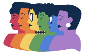 A graphic of six woman of different colors, red, orange, yellow, green, blue and purple.