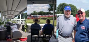 A collage of photos featuring people and the private suite at PGA Tour's Rocket Mortgage Classic in Detroit.