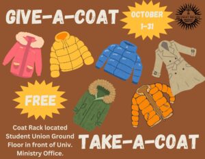 A graphic displaying more than five winter coats for the Take a Coat Give a Coat drive for the month of October