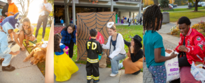 Three photos show UDM students passing out candy during the annual trick-or-treat Safety Street event outdoors near the Student Union.