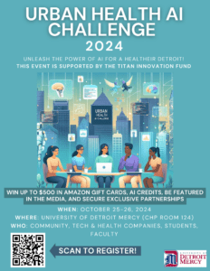 A graphic Urban Health AI Challenge 2024. The event is sponsored by Titan Innovation Fund and will occur on Oct. 25 and 25. There is a scan code at the bottom to register.