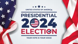 A graphic illustrating 2024 Presidential election with American flag on the sides and slogal, Your vote is your voice