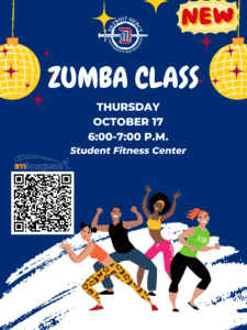 A graphic introducing free Zumba class on Oct. 17 at 6-7 p.m. in the Student Fitness Center. There is a scan code to register in the center of the page and dancing figures at the bottom of the page.