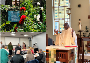 A group of three photos. The photo on top left half of page is a plaque in a garden. The bottom left half of page are several indviduals having lunch in a classroom. The third photo is of a priest presiding over a mass.