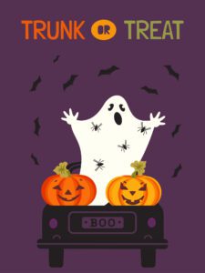 A graphic of the back of a pickup truck with a ghost and two jack-o-lanterns and the words trunk or treat at the top