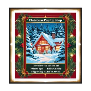 Graphic of Christmas pop-up shop to occur on Dec. 4-6 from 10 a.m. to 3 p.m. in the McNichols Library lobby. There is a photograph of a warmly lit cabin in snow covered countryside.