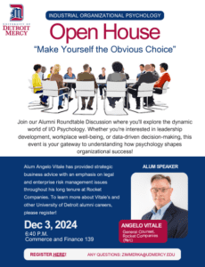 A flyer for Industrial Organizational Psychology Open House, with theme of "Make Yourself the Obvious Choice. Below the title is a graphic of figures sitting around a rountable in discussion. The bottom half of the page is a photograph of alum speaker, Angelo Vitale, who will provide strategic business advice at the Open house, scheduled for Dec. 3 at 6:40 p.m.