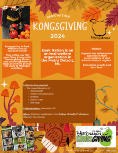 A graphic for Kongsgiving, a collection drive for items to support Bark Nation