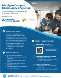 A flyer for the Michigan Campus Community Challenge. Have a big idea? Earn scholarships to make a difference. The bottom two-thirds of the page have sections entitled What's the Buzz, Why join M-C3, and Ready to Get Started with registration and application information.