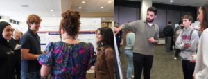 Students present their research inside of the Student Union Ballroom during the 2024 symposium.