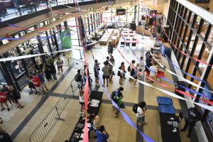 An overhead look during RecFest in August 2024, inside of the Student Fitness Center, with students below.