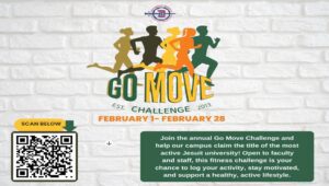 A graphic for the UDM Go Move Challenge scheduled for the month of February. There is a Detroit Mercy University Recreation logo at the mid top of the page. There is a scan code to register on the bottom left-hand side of the page. Text in the bottom right-hand side of page. Join the Go Move Challenge and help our campus claim the title of the most active Jesuit university.