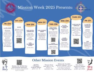 A graphic presenting Mission week 2025 events. Each day the events are highlighted. There are scan codes for cetain events.