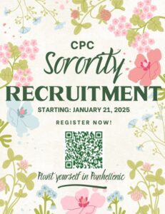 A graphic on a floral background regarding Sorority recruitment starting January 21, 2025. There is a scan code in the middle of the page ot register