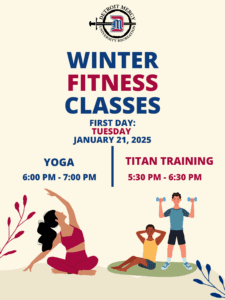 A graphic for University Recreation winter fitness classes, which begin Tuesday, Jan. 21. Yoga at 6-7 p.m. and Titan Training at 5:30-6:30 p.m. There is a Detroit Mercy University Recreation logo at the top of the page. There are graphics of a woman performing yoga exercises and two people doing weight training at the bottom of the page.