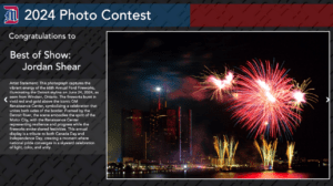 A graphic displaying the image of the 2024 UDM Photography Contest winner, Jordan Shear. The image captures the vibrant energy of the Detroit City fireworks illuminating the Detroit skyline. There is an artist statment to the left of the image.