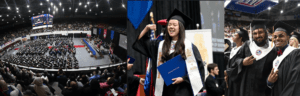 Three images side by side. First an aerial view of the Commencement ceremony floor in Calihan hall with all the graduates seated. Second is a female student in cap and gown with first raised holding diploma. Third photo is of two male students in cap and gown on the ceremony floor.