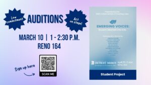 A graphic for the Fundamentals of Directing class auditions to be held on March 10 from 1-2:30 p.m. in Reno 164. There is a scan code at the bottom of the page for registration.