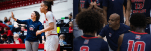 Two side-by-side images of UDM coaches, Coach Achter and Coach Montgomery coaching their players during basketball games.