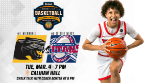 A Horizon League Championship graphic featuring logos for Milwaukee and Detroit Mercy and a player. Text also reads, Tuesday, March 4, 7 p.m. at Calihan Hall.