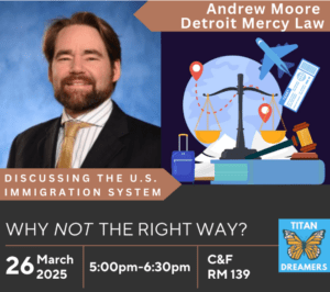 A graphic for the discussion on the immigration system on March 26 at 5-6:30 p.m. featuring presenter Andrew Moore, in Commerce & Finance Building, Room 139. There is a headshot of Andrew Moore on the left side of the page.