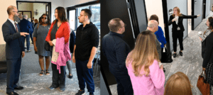 Two pictures of people giving people tours inside of the Detroit Mercy Eye Institute at the Novi Campus, location of the School of Optometry.