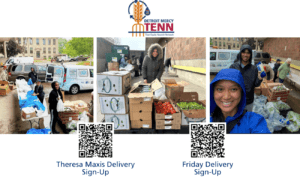 Three images of UDM students in the process of preparing TENN produce deliveries. There is a TENN logo at the top of the page. At the bottom of the page are two scan codes to sign up for Theresa Maxis deliveries and Friday deliveries.