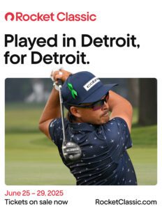 A graphic featuring a PGA golfer with text reading Rocket Classic, Played in Detroit, for Detroit. June 25-29, 2025, tickets on sale now, rocketclassic.com.