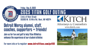 A graphic for the 2025 Titan Golf Outing, featuring information, a photo of a golfer, and text on details for the event.