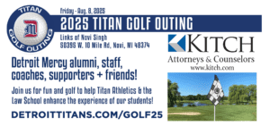A graphic for the 2025 Titan Golf Outing, featuring information, a photo of a golfer, and text on details for the event.