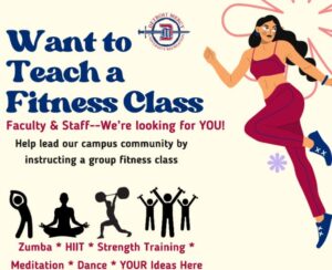 A graphic from University Recreation search for faculty and staff to teach fitness classes. The the right of the page is the graphic of a woman in fitness clothing. At the bottom of the page a graphics of various fitness modalities and the text, Zumba, HIIT, strength training, meditation, dance, your ideas here.