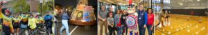 A group of four images from Homecoming 2025. First is a group of cyclist, second is lighting of the bonfire, third is a group of individuals with Tommy the Titan, and fourth is a group of men playing pickleball