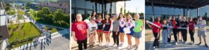 A group of three images of participant of 2024 NAMI walk. The first is an aerial image, the second is a group of about 8 women standing together and the third is another group of several participants standing together.