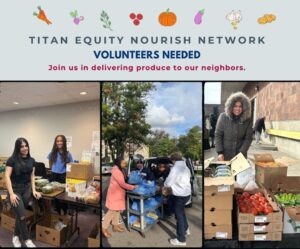 A graphic for Titan Equity Nourish Network. Text at top of page reads: Volunteers needed. Join us in delivering produce to our neighbors. Below the text are three photos of students participating in sorting deliveries and loading onto trucks.