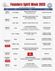 A flyer for Founders Week. Several events are listed. Logos include Detroit Mercy's Office of Mission Integration and Detroit Mercy University Ministry.