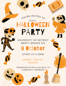 A flyer for TENN's Halloween party on Oct. 9 at 5:30 p.m. in Briggs Building. Games, snacks and crafts. Transportation available for community members. The text is surrounded by graphics of Halloween figures.