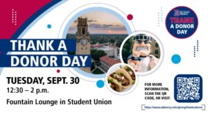 A graphic for Thank a Donor day. There are three images in the middle of the page, one of UDM clocktower, Tommy the Titan, and tacos. There is a QR code in the lower right-hand corner to scan for more info. Text reads: Thank a Donor Day, Tuesday, Sept. 30 12:30-2 p.m. in Fountain Lounge in Student Union.