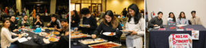 A grouping of three images of participants at International Night. One of a table with several students eating, one with students before a food table, and one of four students sitting behind a information table.