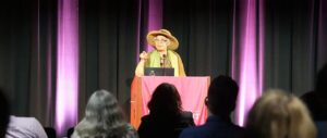 An image of poet laureate Melba Joyce Boyde at poetry reading during Homecoming weekend.